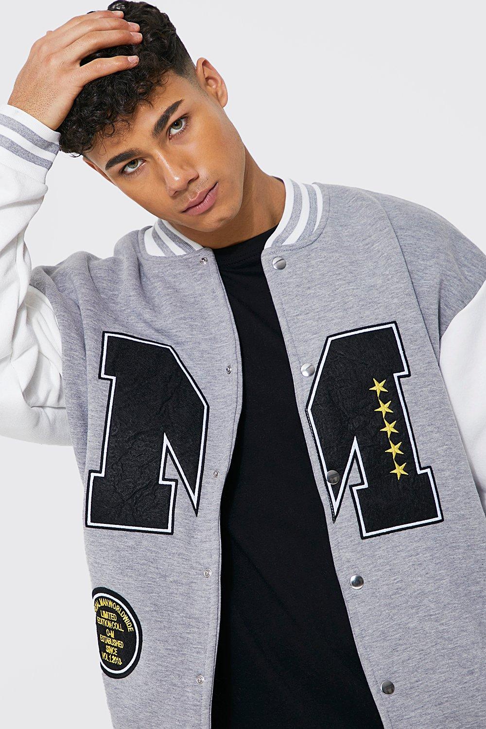 Oversized Badge Jersey Varsity Bomber Jacket | boohoo